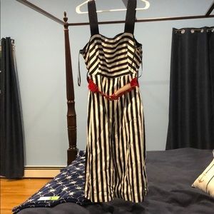 Navy and white nautical stripe dress w/ red belt